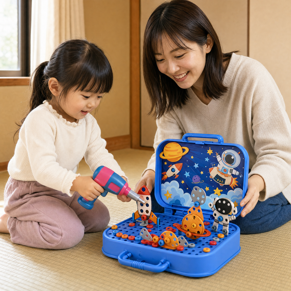 親子で遊ぶミニドリル。電動ドライバーでネジをまわす